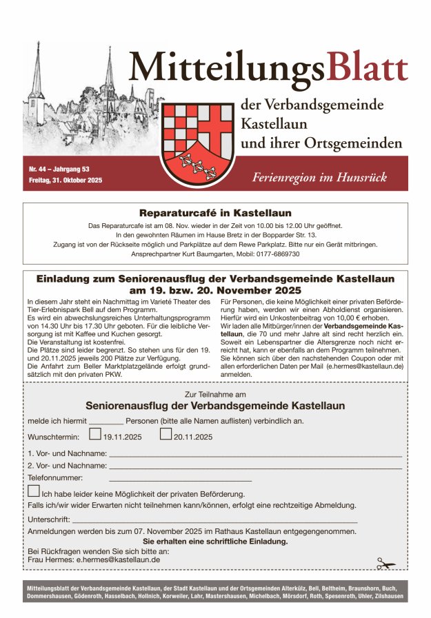 Mitteilungsblatt Kastellaun Titelblatt 44/2025