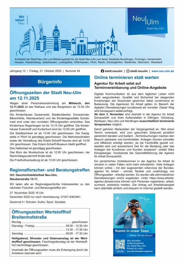 Amtsblatt der Stadt Neu-Ulm und Mitteilungsblatt für die Stadt Neu-Ulm Titelblatt 44/2025