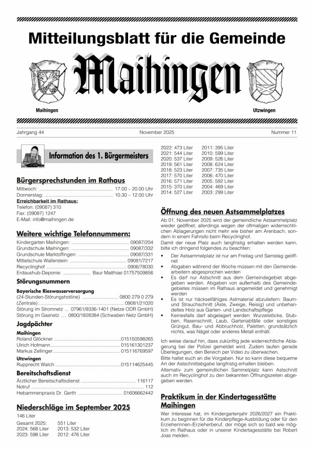 Mitteilungsblatt für die Gemeinde Maihingen Titelblatt 11/2025