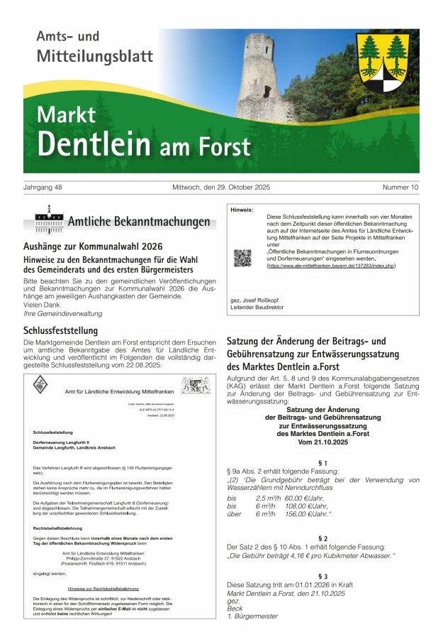 Amts- und Mitteilungsblatt Markt Dentlein am Forst Titelblatt 10/2025