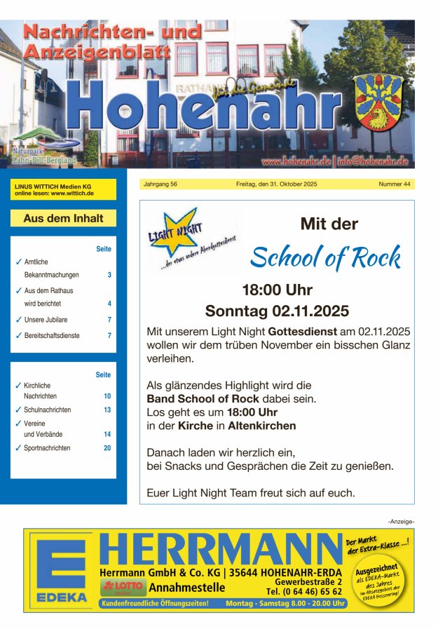 Nachrichten- und Anzeigenblatt für die Gemeinde Hohenahr Titelblatt 44/2025