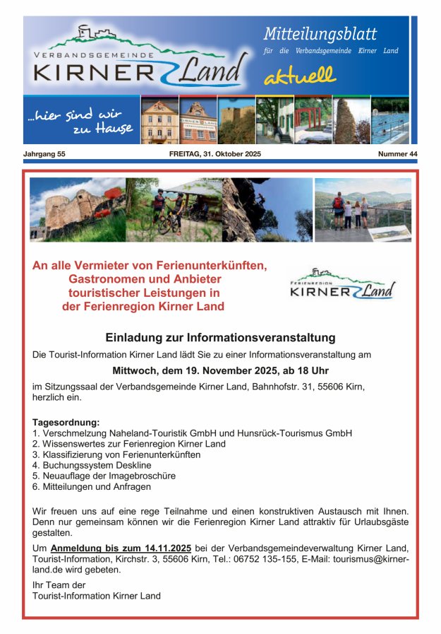 Mitteilungsblatt für den Bereich der Verbandsgemeinde Kirner Land Titelblatt 44/2025