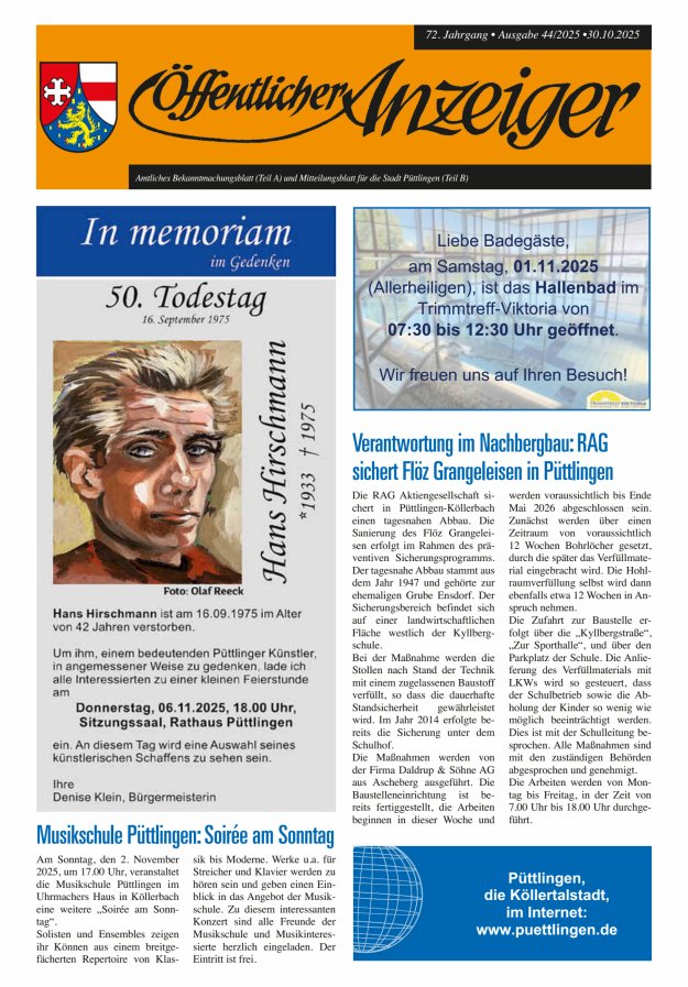 Öffentlicher Anzeiger - Stadt Püttlingen Titelblatt 44/2025