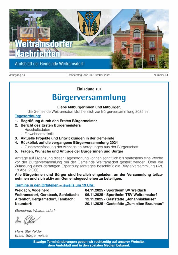 Weitramsdorfer Nachrichten Titelblatt 44/2025