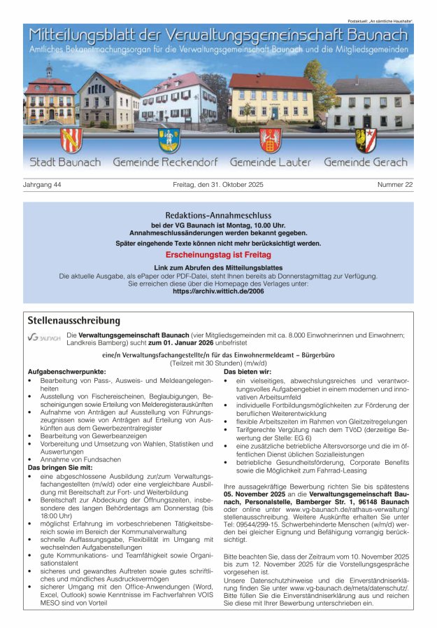 Mitteilungsblatt Verwaltungsgemeinschaft Baunach Titelblatt 22/2025