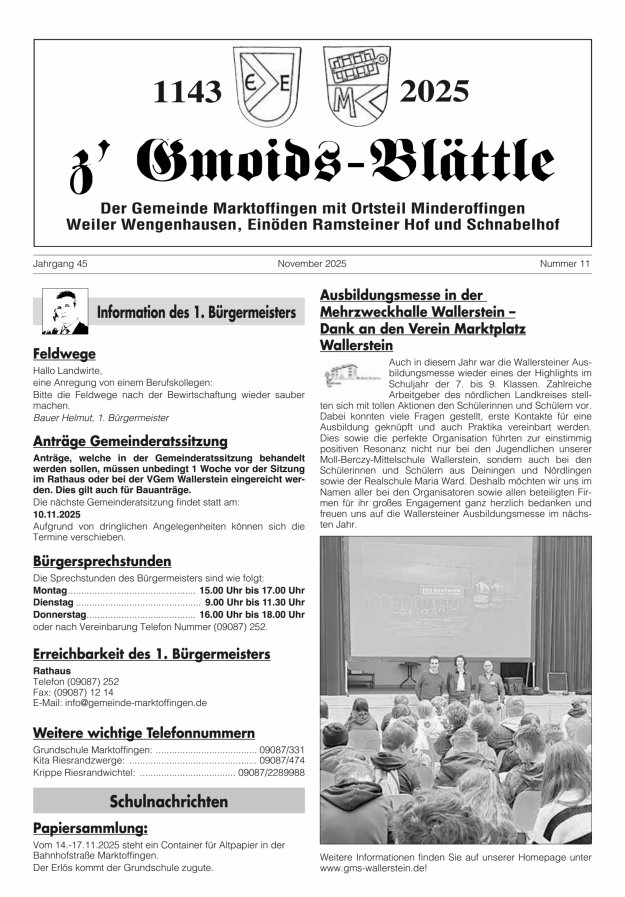 z'Gmoids-Blättle der Gemeinde Marktoffingen mit Ortsteilen Titelblatt 11/2025