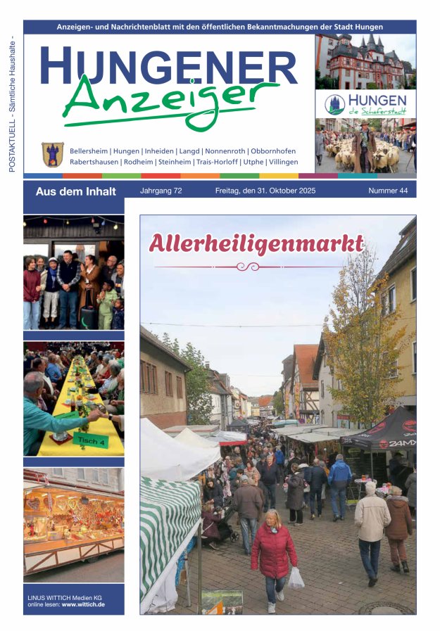 Anzeigen- und Nachrichtenblatt mit den öff  Bekanntmachungen der Stadt Hungen Titelblatt 44/2025