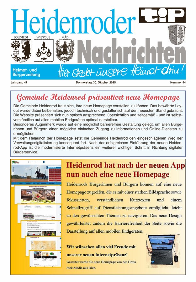 "tip" Heidenroder Nachrichten Titelblatt 44/2025