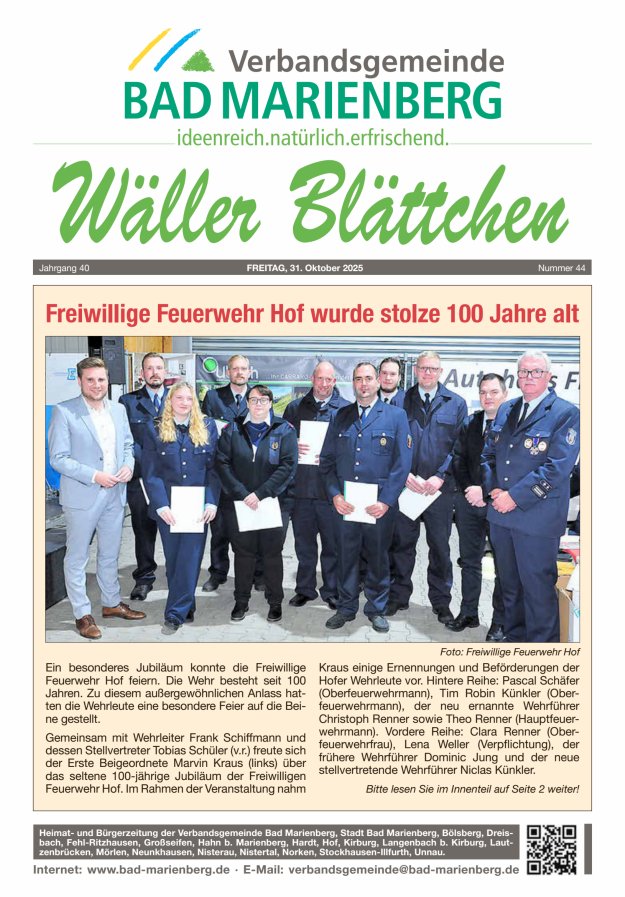 Wäller Blättchen - Verbandsgemeinde Bad Marienberg Titelblatt 44/2025