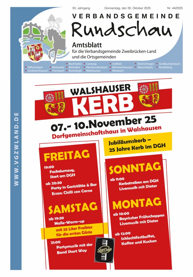 Verbandsgemeinde Rundschau Zweibrücken-Land Titelblatt 44/2025