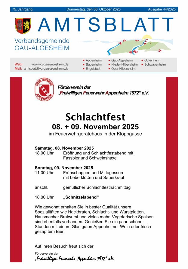 Amtsblatt der VG Gau-Algesheim Titelblatt 44/2025