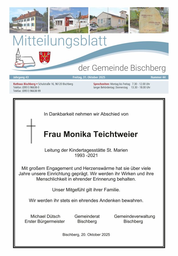Mitteilungsblatt der Gemeinde Bischberg Titelblatt 44/2025