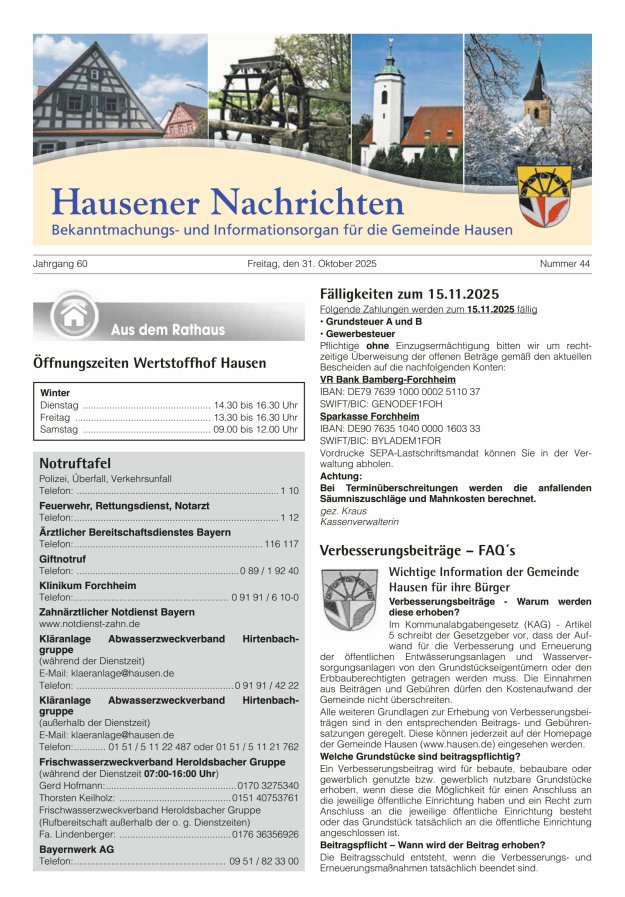 Hausener Nachrichten Titelblatt 44/2025