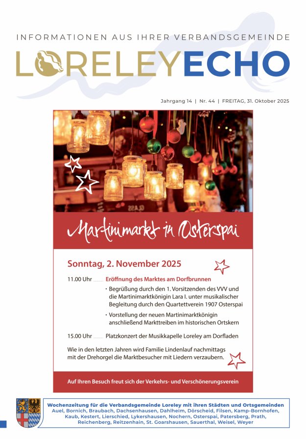 Loreley-Echo - Mitteilungsblatt der Verbandsgemeinde Loreley (Braubach) Titelblatt 44/2025