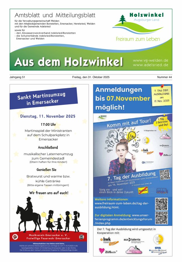 Aus dem Holzwinkel Amtsblatt u Mitteilungsblatt f VG Welden u GemAdelsried Titelblatt 44/2025