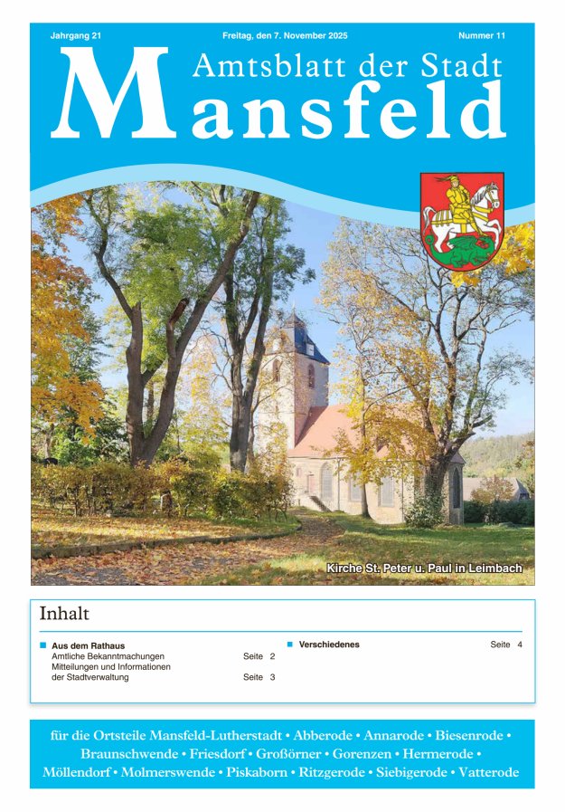 Amtsblatt der Stadt Mansfeld Titelblatt 11/2025