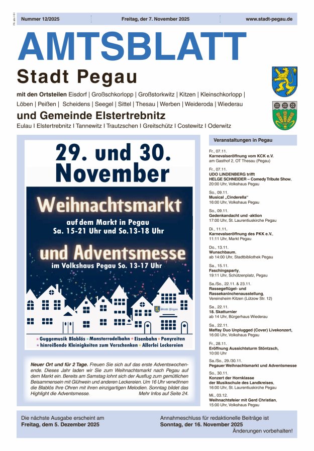 Amtsblatt Stadt Pegau und Gemeinde Elstertrebnitz  Titelblatt 12/2025