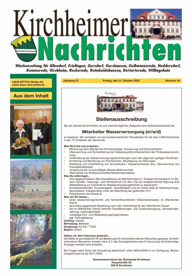 Kirchheimer Nachrichten Titelblatt 44/2025