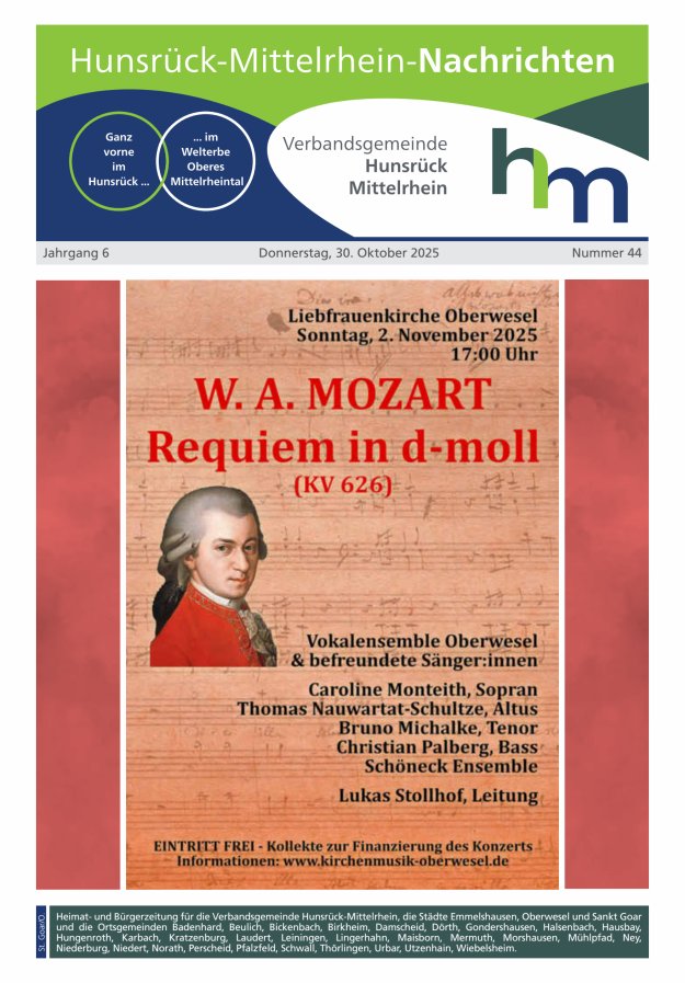 Hunsrück-Mittelrhein Nachrichten Ausgabe St Goar Oberwesel Titelblatt 44/2025