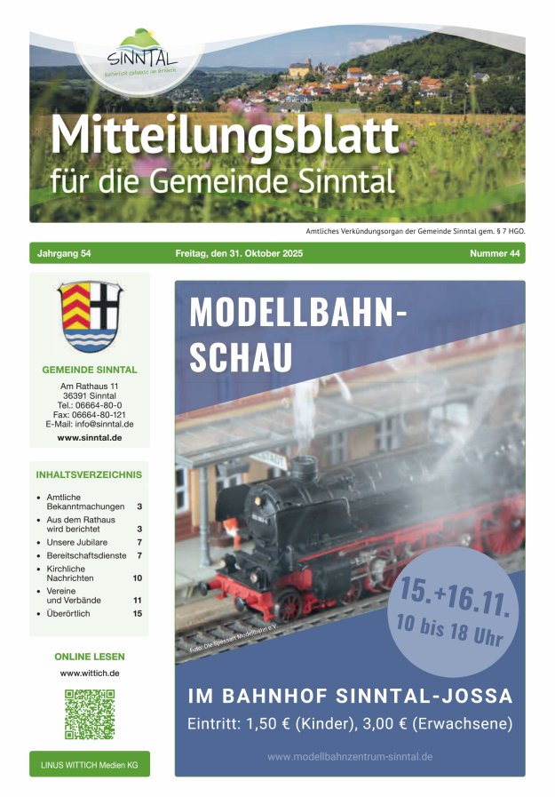 Mitteilungsblatt für die Gemeinde Sinntal Titelblatt 44/2025