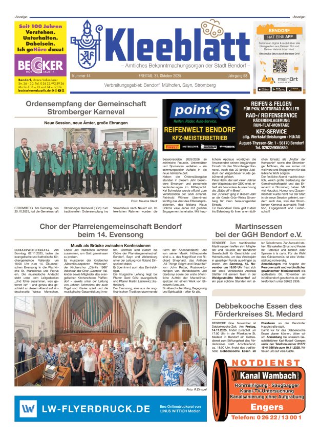 Kleeblatt - Amtliches Bekanntmachungsorgan der Stadt Bendorf Titelblatt 44/2025