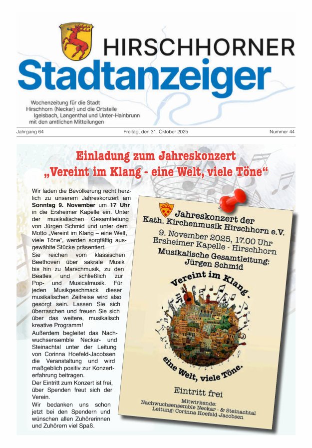 Hirschhorner Stadtanzeiger Titelblatt 44/2025