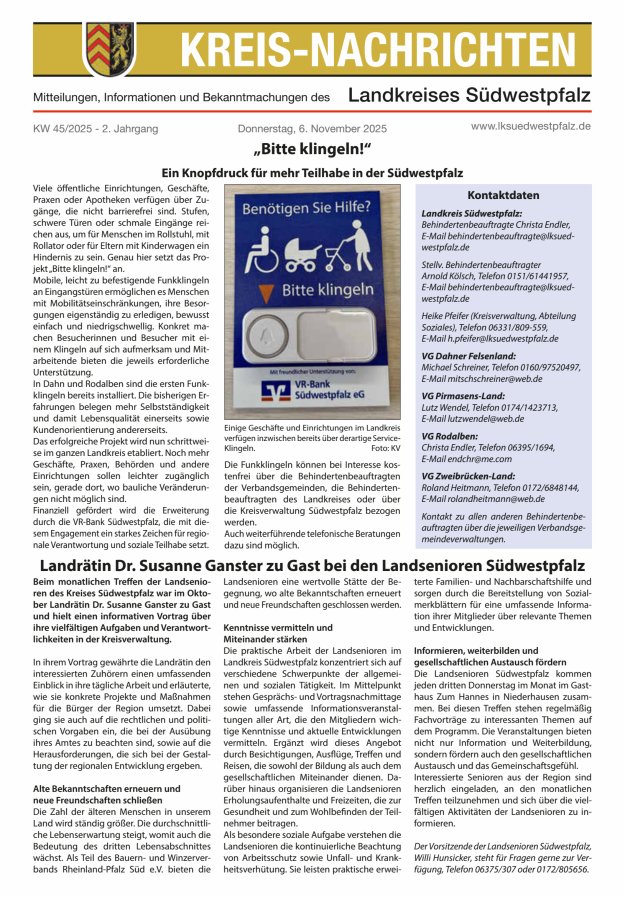 Kreis-Nachrichten - Mitteilungen des Landkreises Südwestpfalz Titelblatt 22/2025