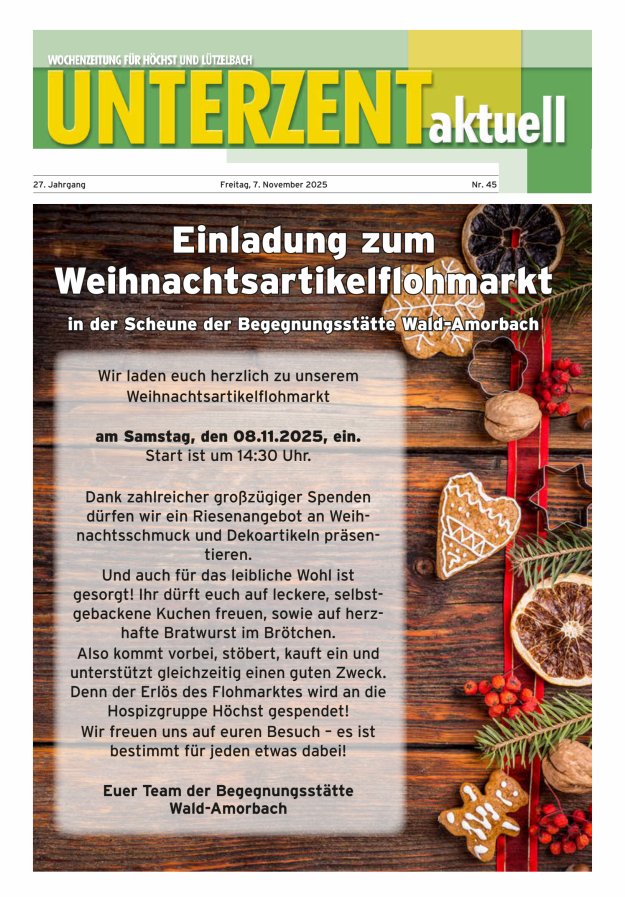 Unterzent aktuell Wochenzeitung für Höchst und Lützelbach Titelblatt 45/2025
