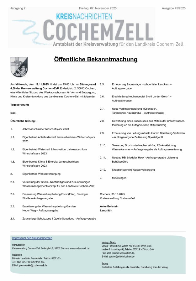Kreisnachrichten Cochem-Zell Titelblatt 45/2025