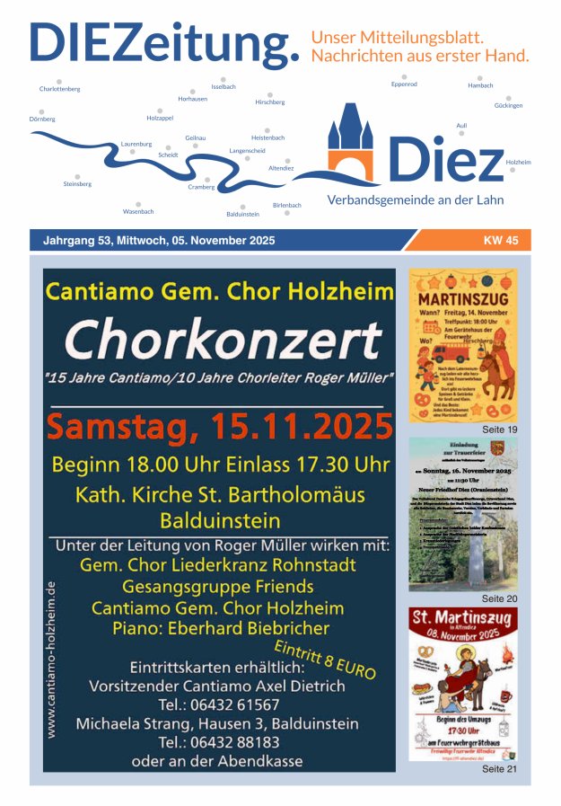 Mitteilungsblatt der Verbandsgemeinde Diez und der Ortsgemeinden Titelblatt 45/2025
