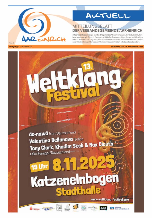 Mitteilungsblatt der Verbandsgemeinde Aar-Einrich Ausgabe Katzenelnbogen Titelblatt 45/2025