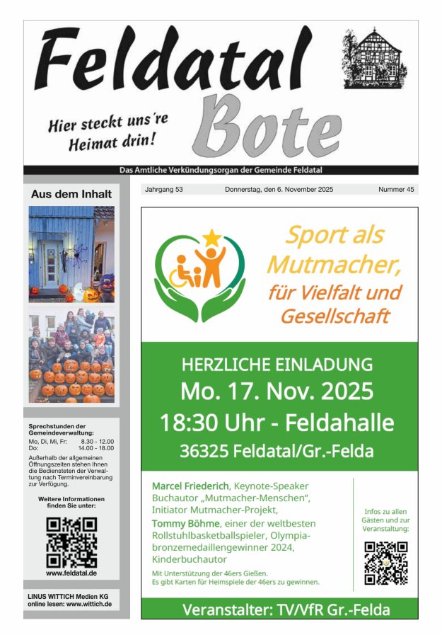 Das Amtliche Verkündungsorgan der Gemeinde Feldatal Titelblatt 45/2025