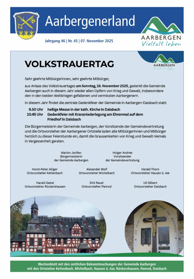 Aarbergenerland - Wochenblatt mit den amtlichen Bekanntmachungen Titelblatt 45/2025