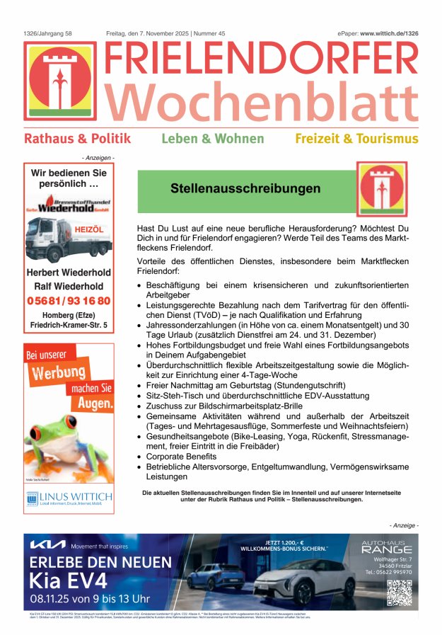 Frielendorfer Wochenblatt Titelblatt 45/2025