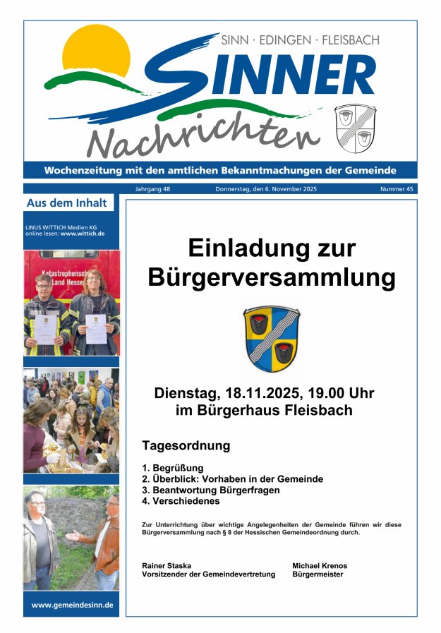 Sinner Nachrichten Titelblatt 45/2025