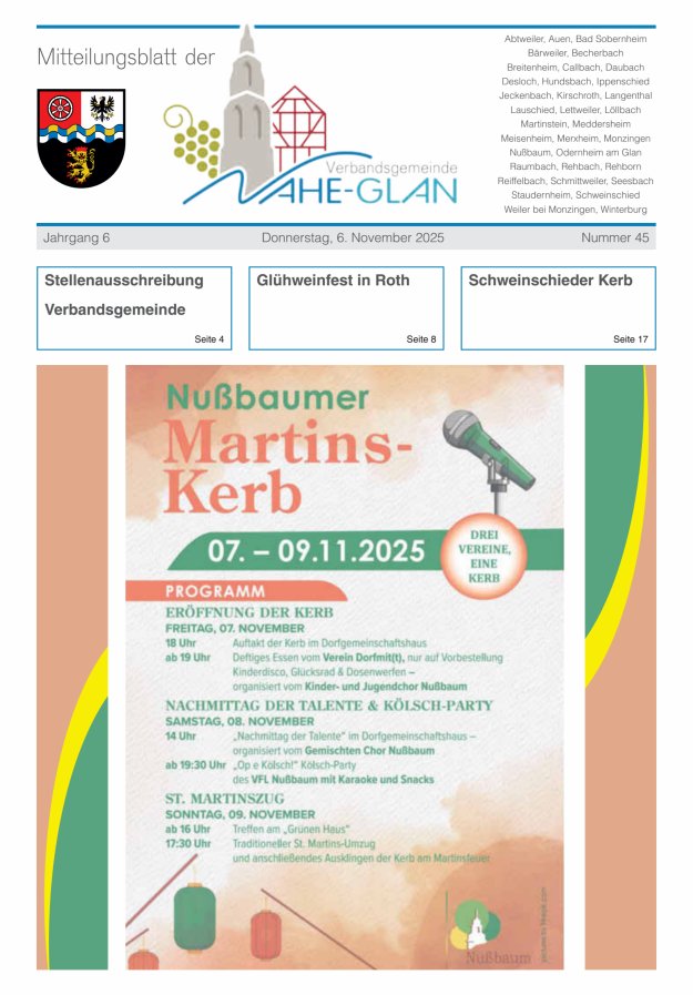 Mitteilungsblatt für die Verbandsgemeinde Nahe-Glan Titelblatt 45/2025
