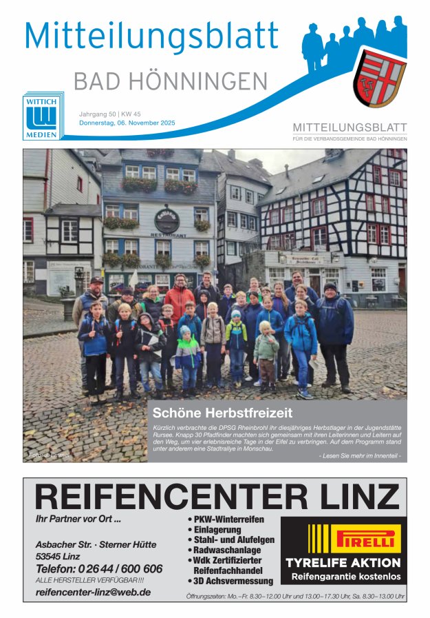 Mitteilungsblatt für den Bereich der Verbandsgemeinde Bad Hönningen Titelblatt 45/2025