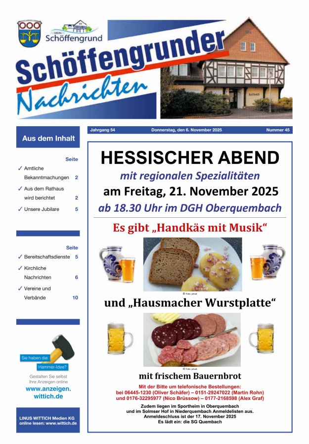 Schöffengrunder Nachrichten Titelblatt 45/2025