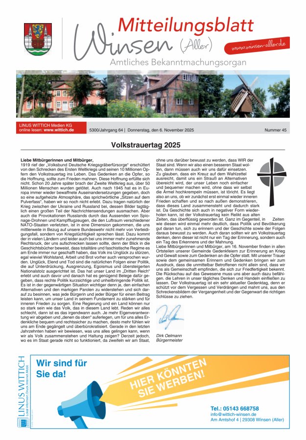 Mitteilungsblatt der Gemeinde Winsen Titelblatt 45/2025