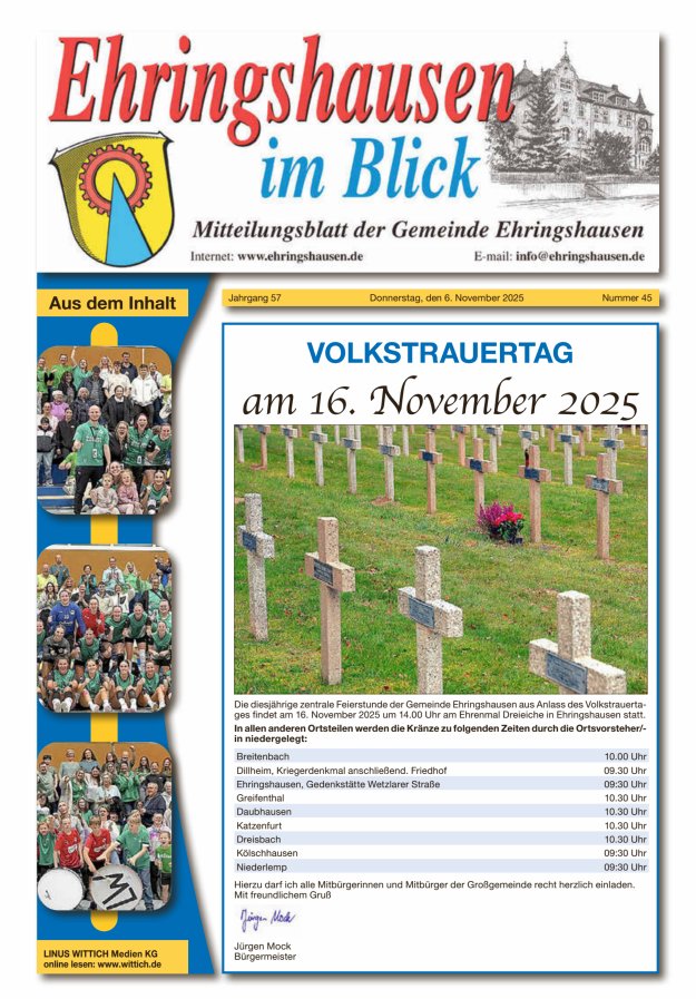Mitteilungsblatt der Gemeinde Ehringshausen Titelblatt 45/2025
