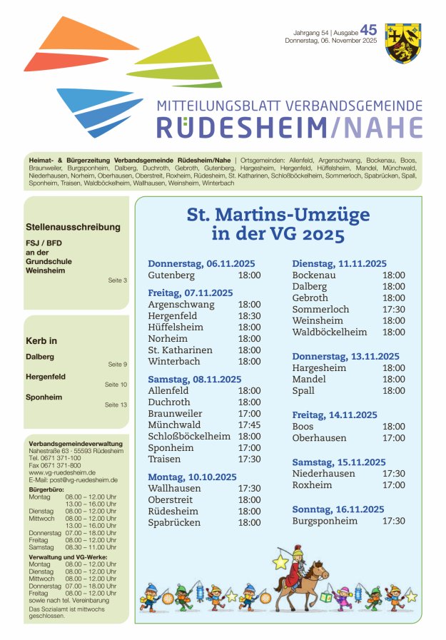 Mitteilungsblatt Verbandsgemeinde Rüdesheim und zugehörige Ortsgemeinden Titelblatt 45/2025