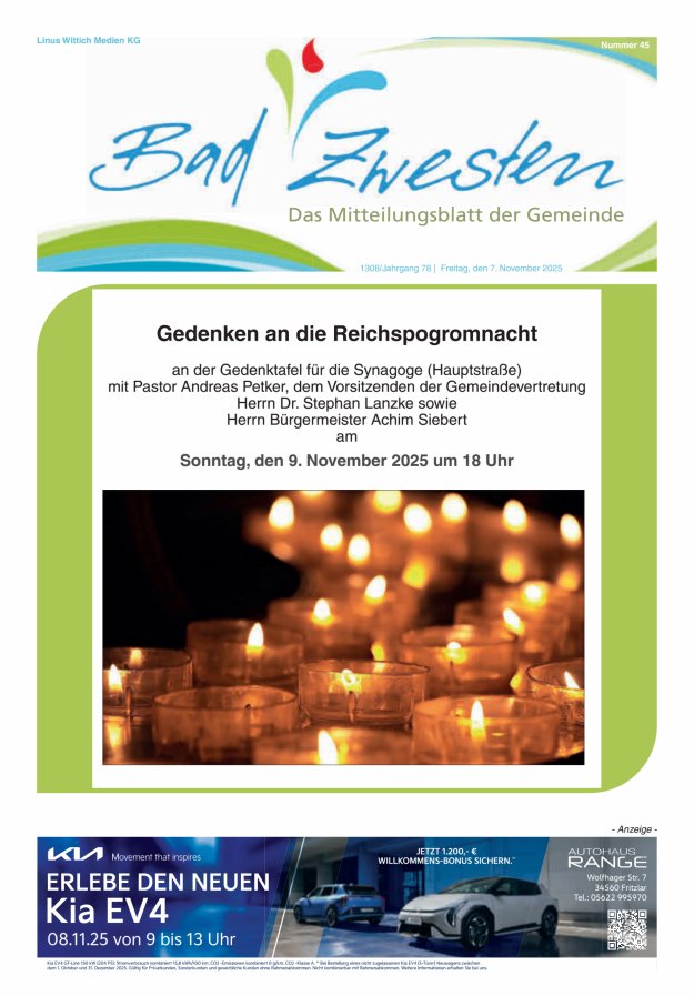 Heimatzeitung Bad Zwesten Titelblatt 45/2025