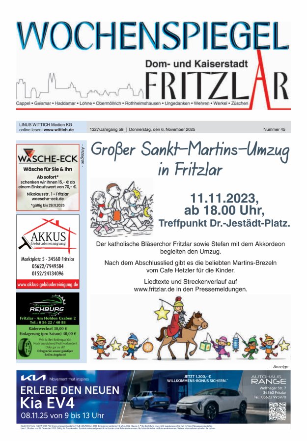 Wochenspiegel Dom- und Kaiserstadt Fritzlar Titelblatt 45/2025