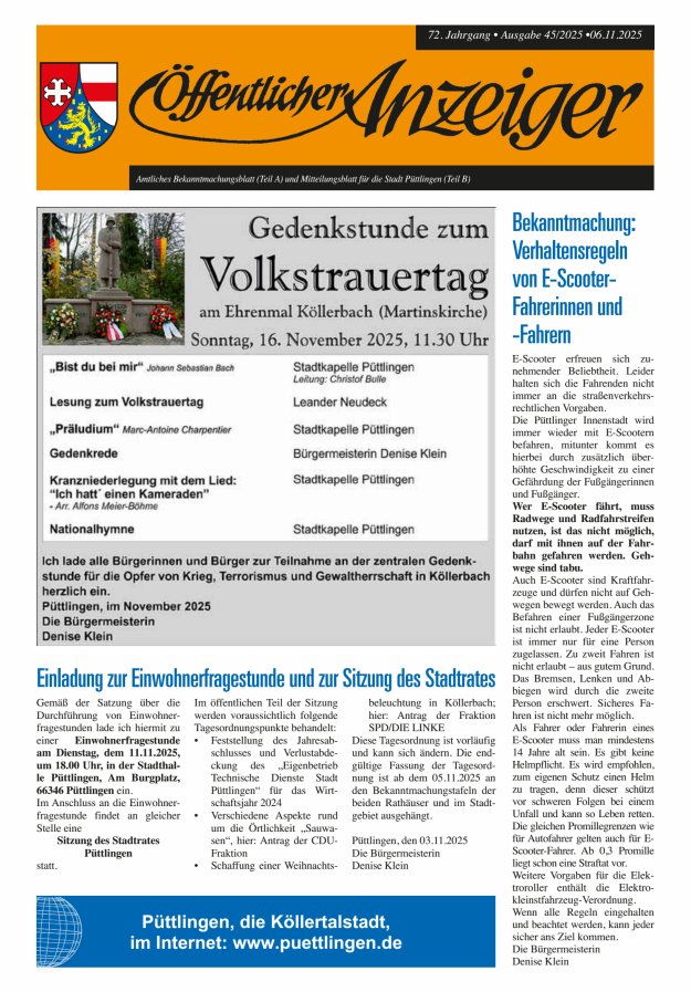 Öffentlicher Anzeiger - Stadt Püttlingen Titelblatt 45/2025