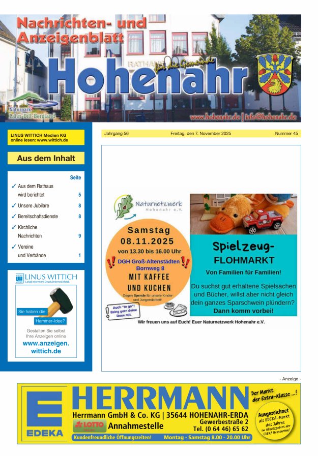 Nachrichten- und Anzeigenblatt für die Gemeinde Hohenahr Titelblatt 45/2025