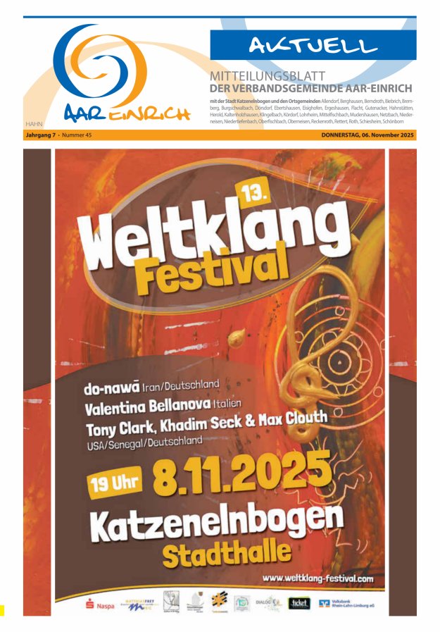 Mitteilungsblatt der Verbandsgemeinde Aar-Einrich Ausgabe Hahnstätten Titelblatt 45/2025