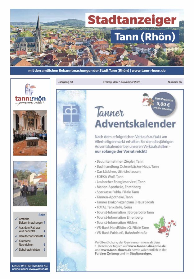 Stadtanzeiger Tann (Rhön) Titelblatt 45/2025