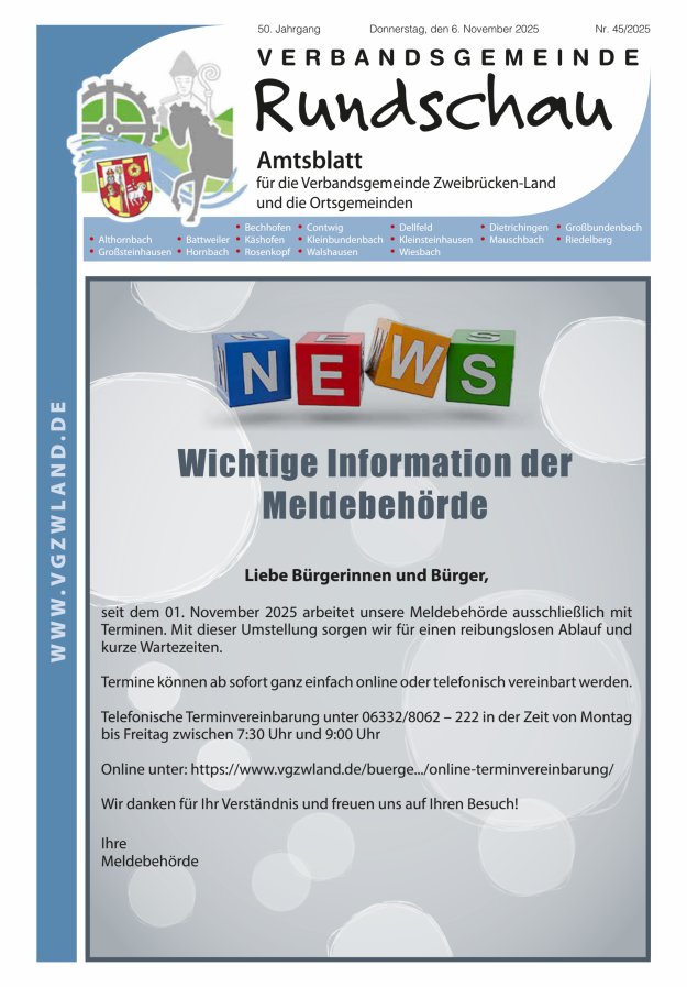 Verbandsgemeinde Rundschau Zweibrücken-Land Titelblatt 45/2025