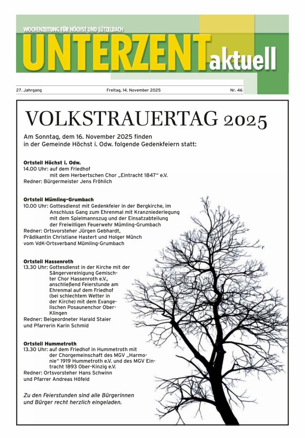 Unterzent aktuell Wochenzeitung für Höchst und Lützelbach Titelblatt 46/2025