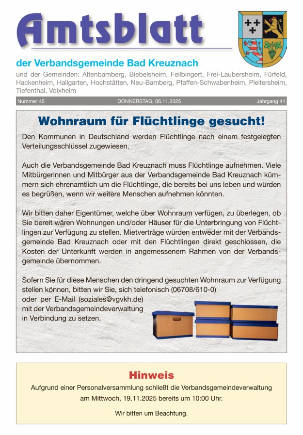 Amtsblatt der Verbandsgemeinde Bad Kreuznach Titelblatt 45/2025